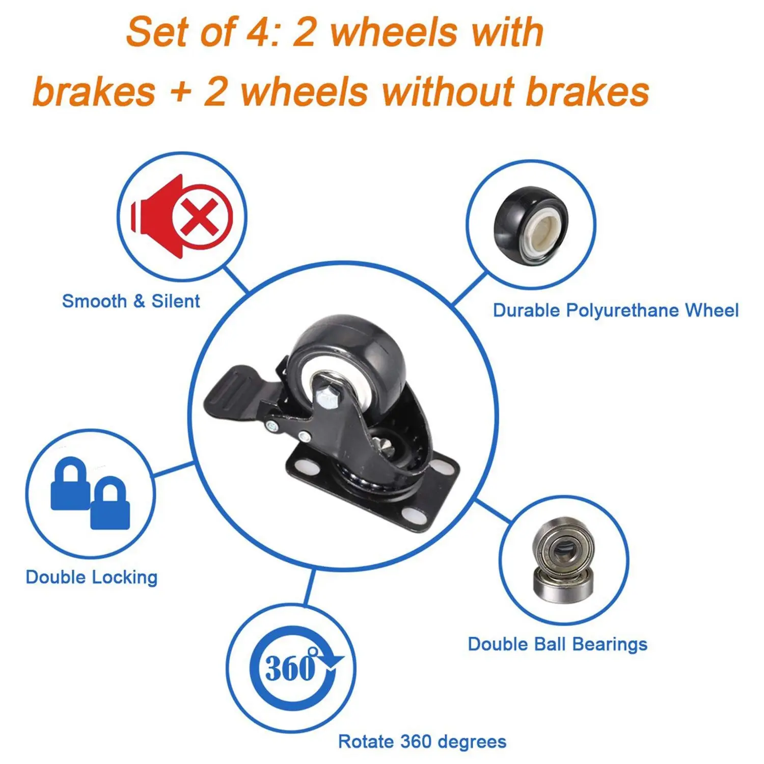 4 шт. в упаковке, 2 дюйма, сверхпрочные колесики, полиуретановые поворотные ролики с верхней пластиной 360 градусов, общая емкость фунтов, набор из 4