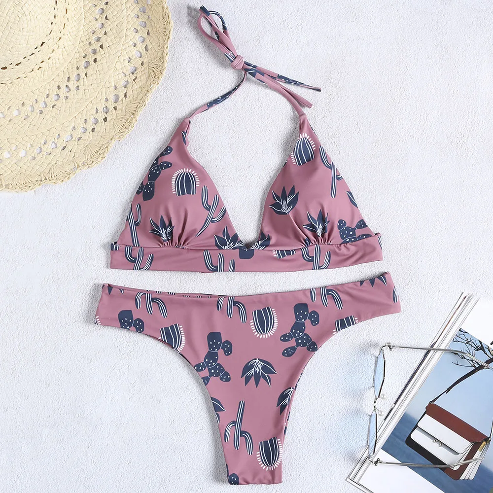 

Sexy Cactus Printed Adjustable Halter Straps Low Waist Bikini Set for Women Swimsuit
