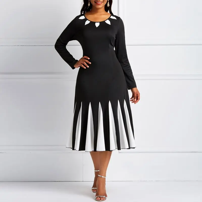 

Kinikiss black spring vintage dress color block winter party dress patckwork