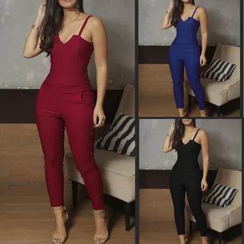 

Fashion Elegant Women Slim Jumpsuits Solid Zipper Party Long Jumpsuits V-Neck Spaghetti Strap Sexy Romper