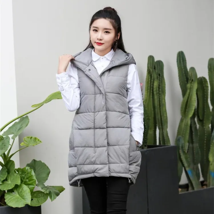 4Xl Loose White Cotton Vests Women Plus Size Thick Warm Long Coat Solid Winter Casual A-Line Hooded Sleeveless Jacket