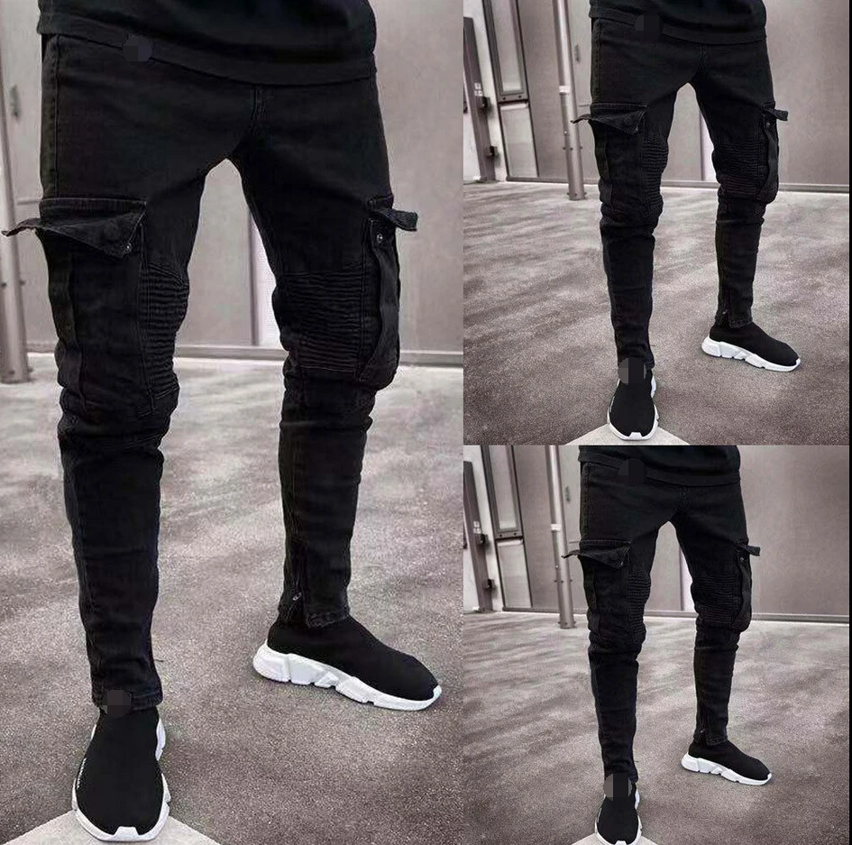 Модные черные джинсы, мужские джинсовые обтягивающие байкерские джинсы, потертые узкие брюки с карманами, узкие брюки-карго размера плюс S-3XL