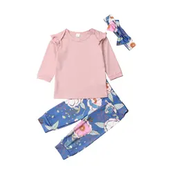 Для новорожденных для маленьких девочек с оборками Топы с длинными рукавами футболка штаны с цветочным принтом Набор резинок для волос