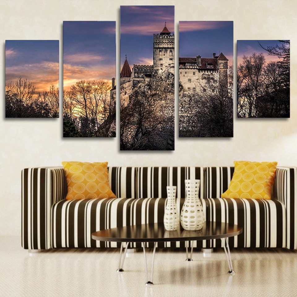 

Modern Home Wall Art Decor Frame Modular Pictures 5 Pieces Bran Castle Romania Landscape HD Print Painting On Canvas Living Room