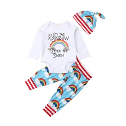 Новинка 2019 года, стильная одежда для новорожденных мальчиков и девочек, радужная одежда, белый комбинезон с длинными рукавами + штаны +