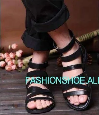

Korean Style Summer Sandalias Flat heel Soft leather Ankle Strap Mens Gladiators Hot 2019
