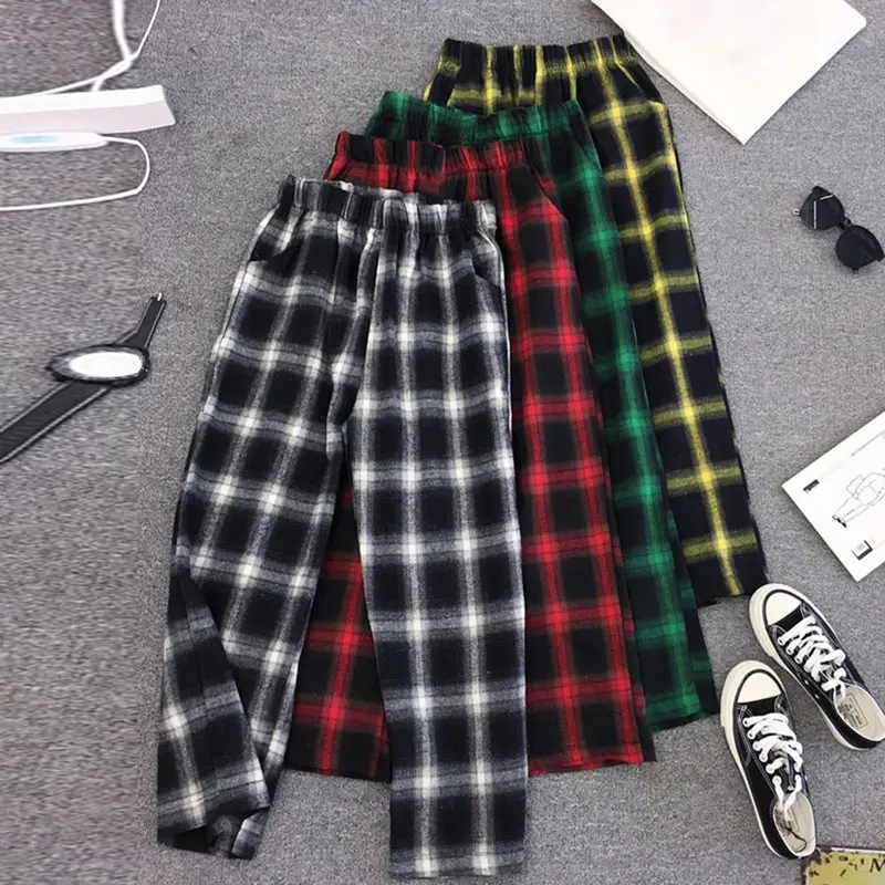 

Korean Style Harajuku Casual Plus Size Women Pants Hip Hop Streetwear Green Loose Wide Legs Plaid Pocket Female OL Ladies Pant