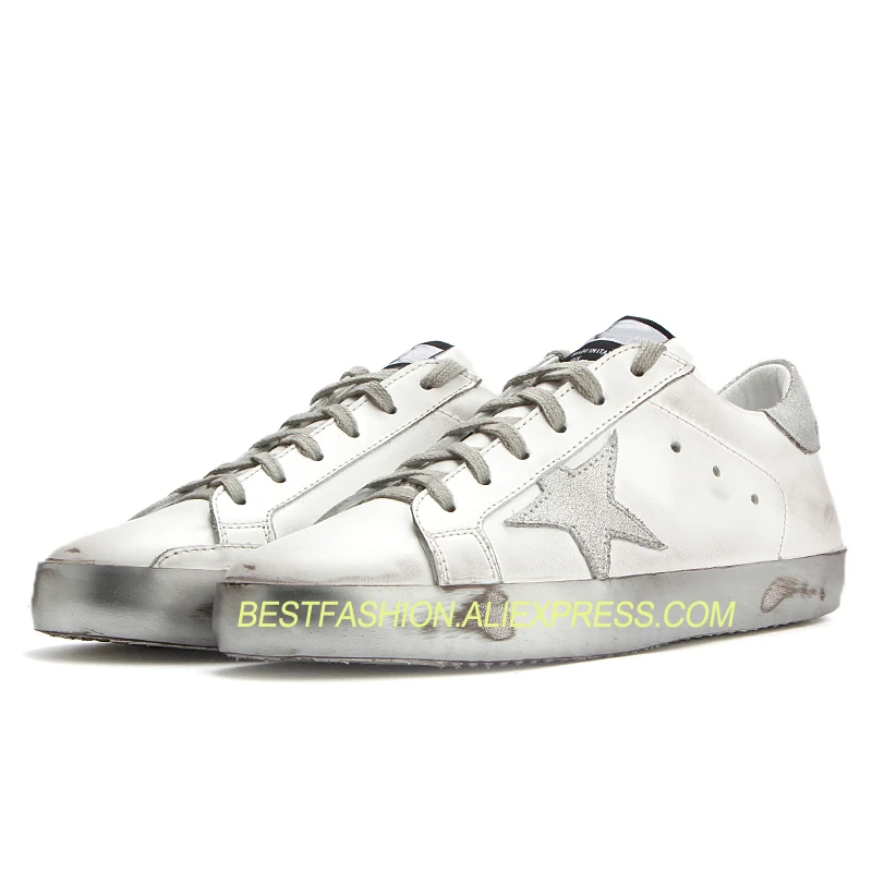 

Do Old Dirty Shoes Real Cow Leather Breathable Silver Star Lace Up Women White Shoes Street Lazy Style