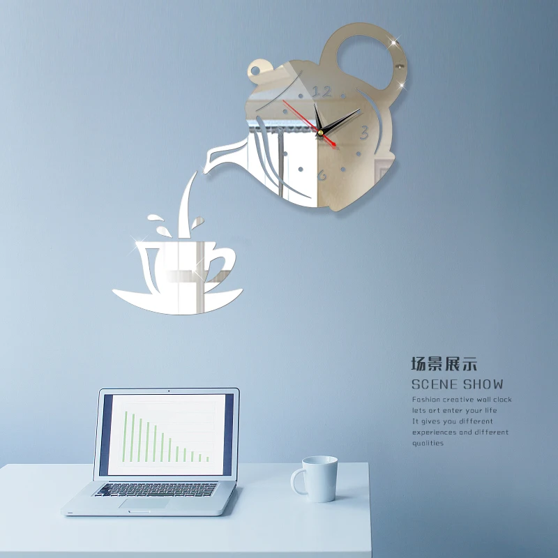 

Coffee teapot DIY 3D Number Wall Clock Mirror Sticker Home Office Decor Art Design Room modern design Silent Clock