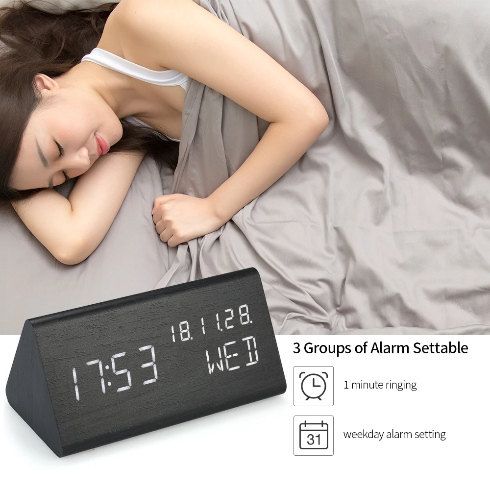 

Digital Alarm Clock Sound Control Wooden LED Alarm Clock USB/Battery Power Dimmer Thermometer Table Clock 3 alarm Weekday Alarm