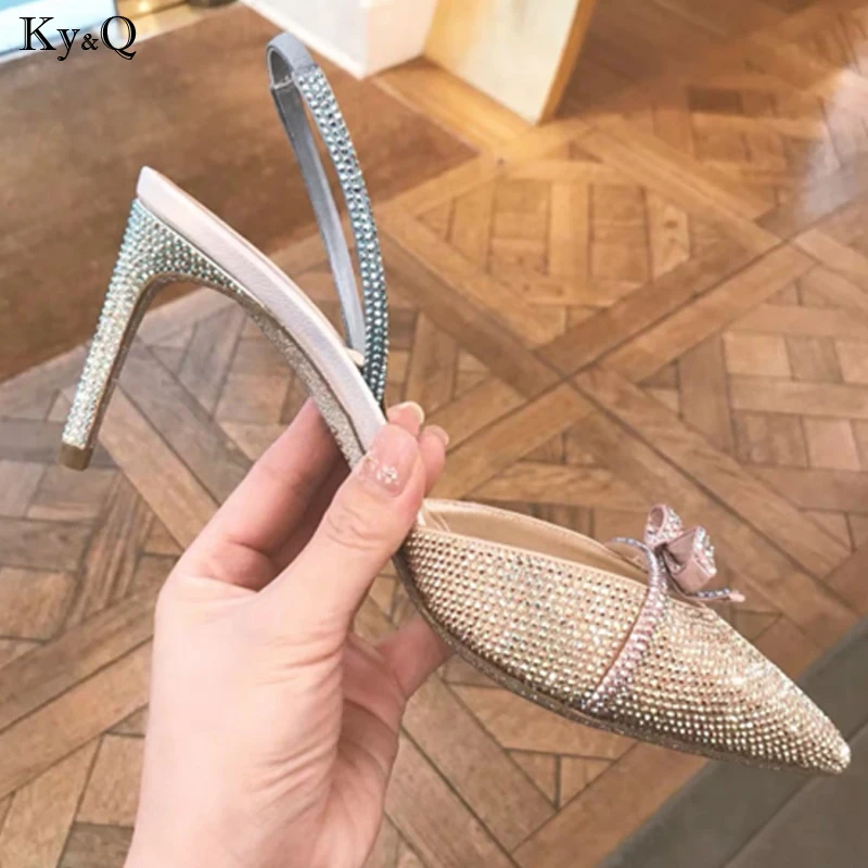

Spring New 2019 Ladies Fashion Comfortable Trend Stiletto Pointed Bow Baotou Rhinestone With Wild Word Wedding Heels 5-8cm