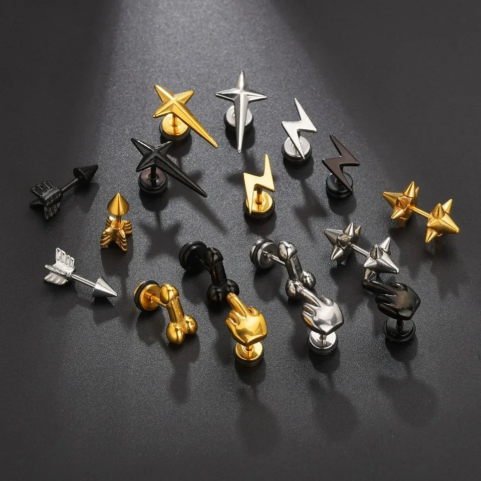 

Punk Ear Stud For Men Stainless Steel Lightning Rockets Arrow Finger Star Cool Shape Allergy Gold Silver Black Color Earrings