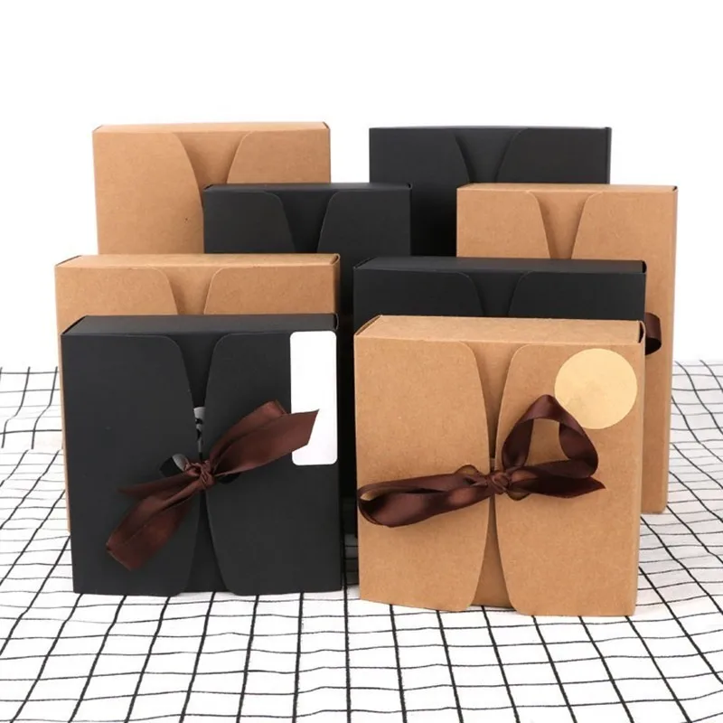 25pcs Kraft Paper Black Gift Box with Ribbon Package Candy Wedding