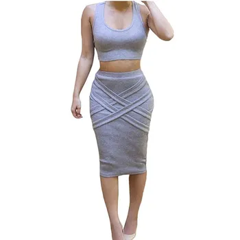 

Womens Crop Top Midi Skirt Outfit Two Piece Bodycon Bandage Dress Crop Top And Skirts Bodycon Suit