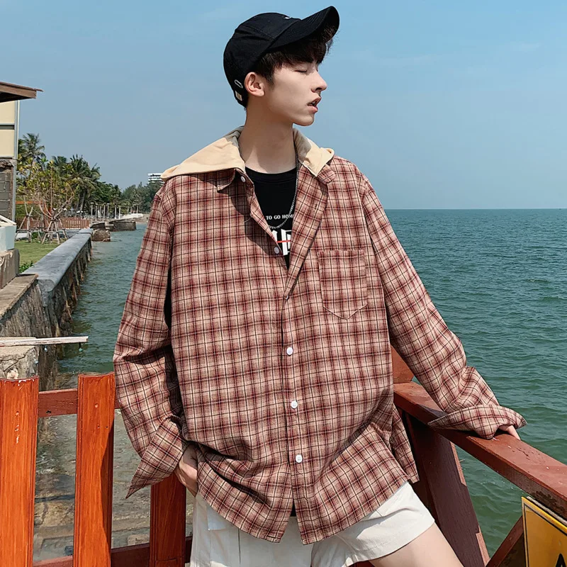 

Men's shirt 2019 spring new cotton plaid print shirt loose casual long sleeve hooded shirt personality youth men's wear