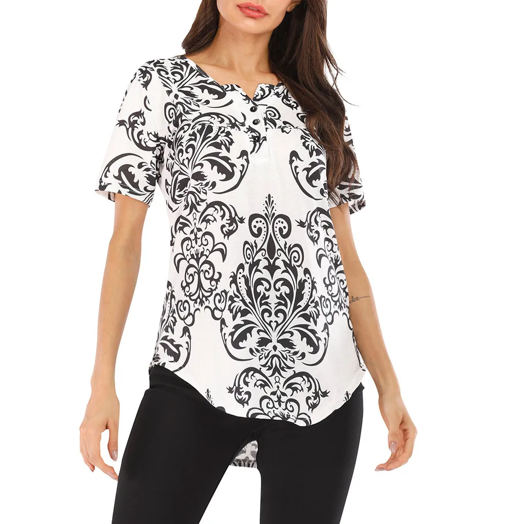 

blusas mujer de moda 2019 women's blouse shirt Women's Fashion Short Sleeve With Buttons Summer Print Shirts Tops tunika
