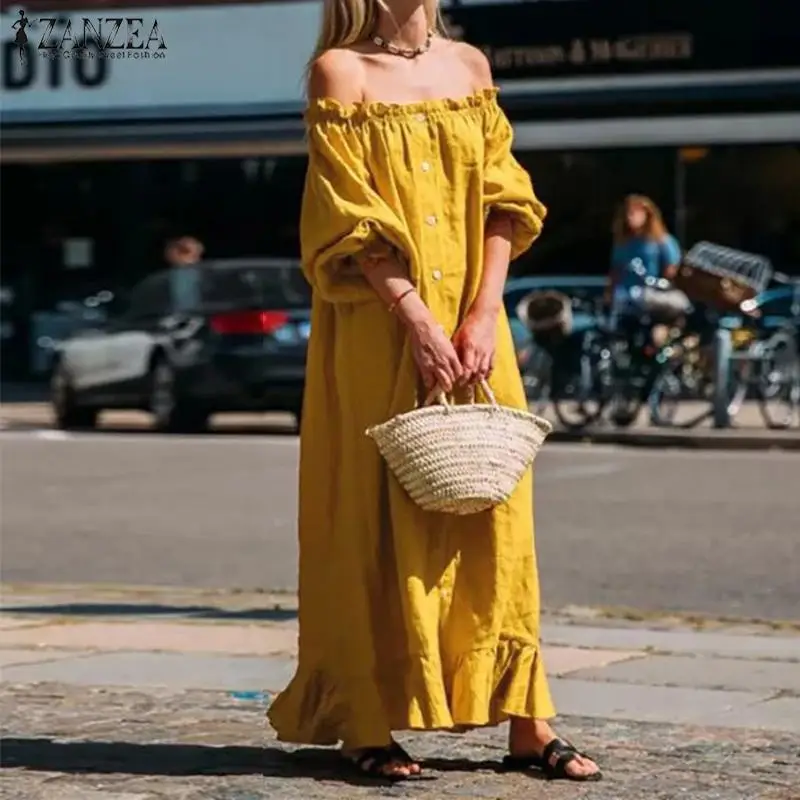 

2019 ZANZEA Women Summer Sundress Sexy Off shoulder Puff Sleeve Dresses Ladies Solid Ruffles Long Maxi Vestidos Beach Party Robe
