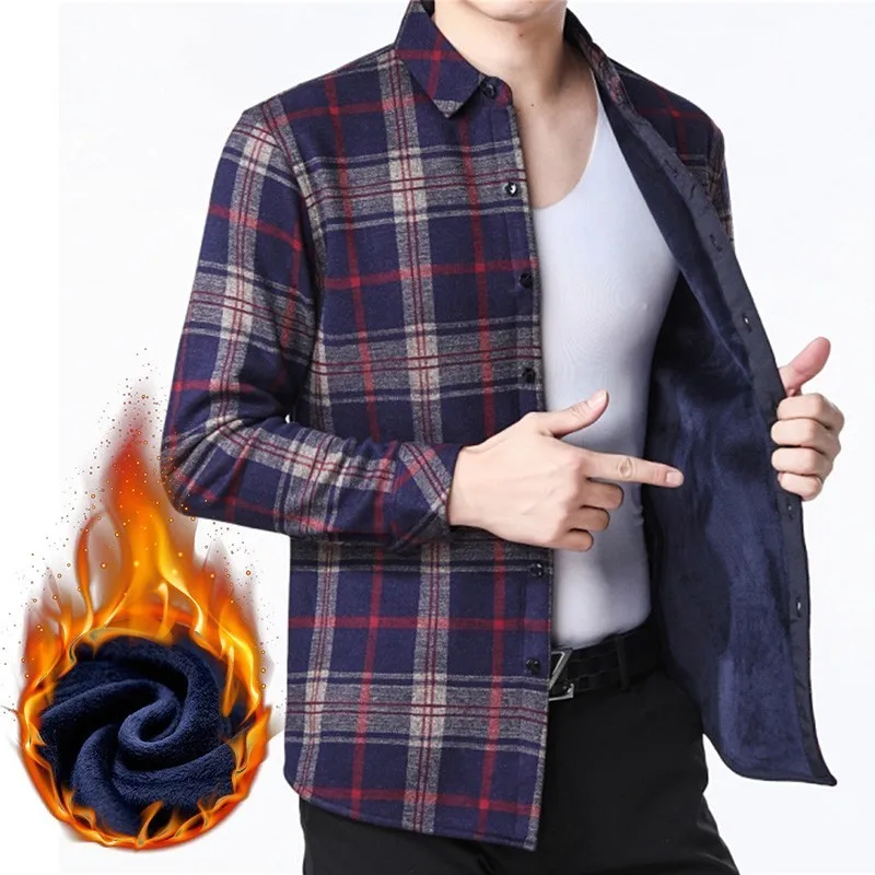 Зимние мужские рубашки в клетку с длинным рукавом camisa masculina теплая рубашка