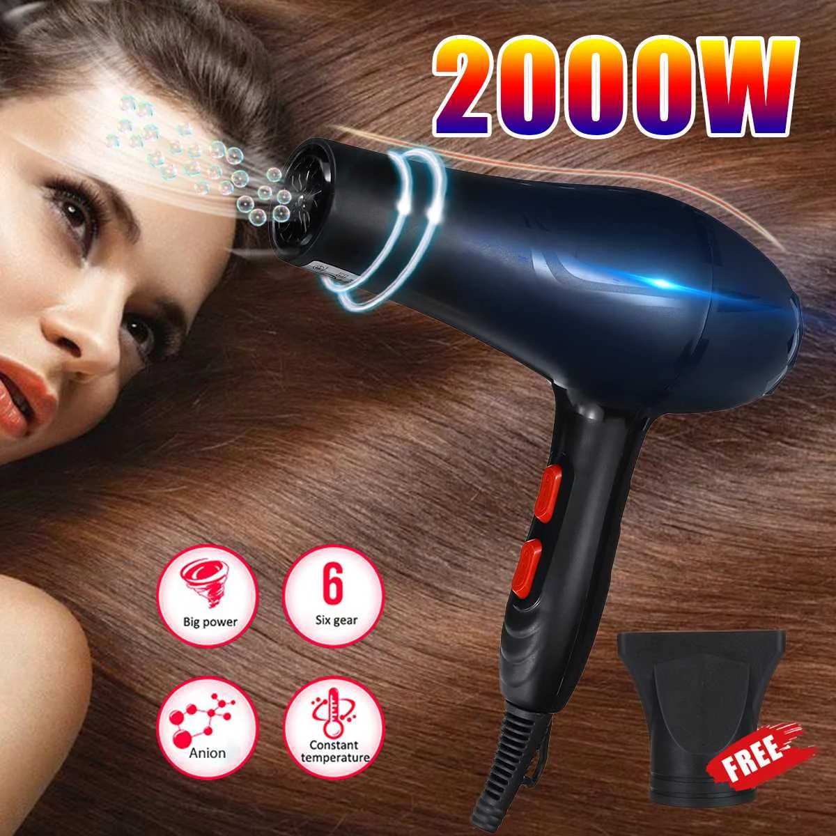 

2000W Electric Hair Dryer Professional Salon Hairdressing Ionic Blower High Power Low Noise with Nozzle Not Hurt Hair for Home