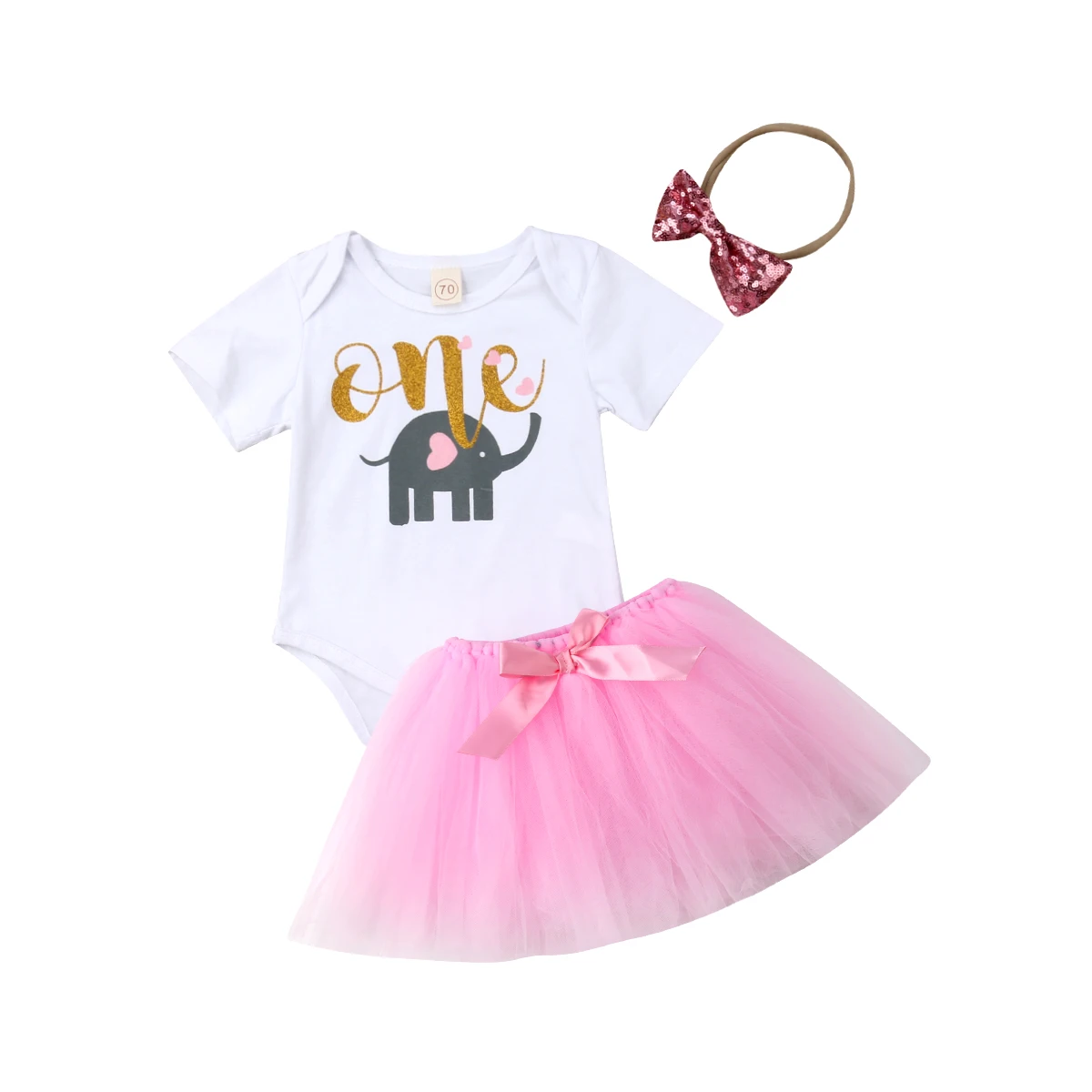 Baby Girls First Birthday Outfit 3PCS Romper+Tutu Skirt Headband Party Set