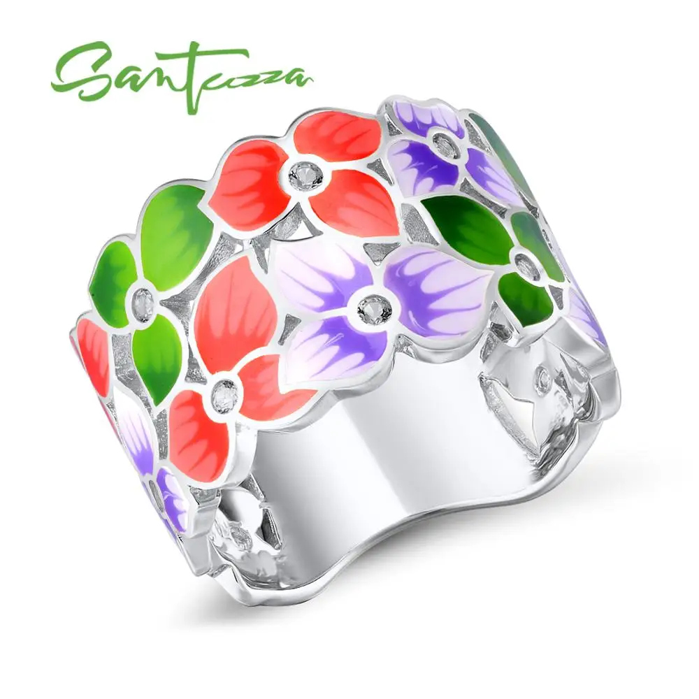 

SANTUZZA Rings for Woman Colorful Transparency Enamel Flower Ring White Cubic Zirconia Stone Ring Party Fashion Jewelry HANDMADE