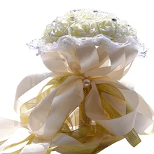 Букеты Свадебные розы со стразами ожерелья из жемчуга пятно ленты Ручка Свадебный Букеты Свадебные шелковые розы ручной галстук(слоновая кость