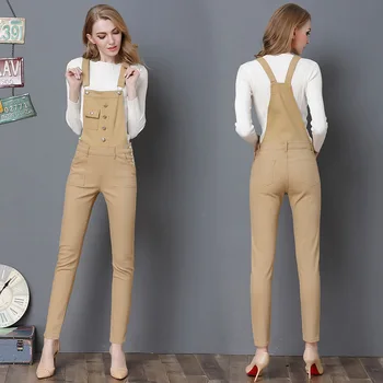 

High Quality Women Denim Overalls 2019 Winter Khaki Strap Ripped Pocket Button Jumpsuit Full Length Denim Pencil Jeans Jumpsuit