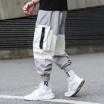 

#2219 Hip Hop Pants Men Black Grey Blue Japanese Streetwear Cargo Pants With Side Pockets Loose Spliced Color Harem Trousers