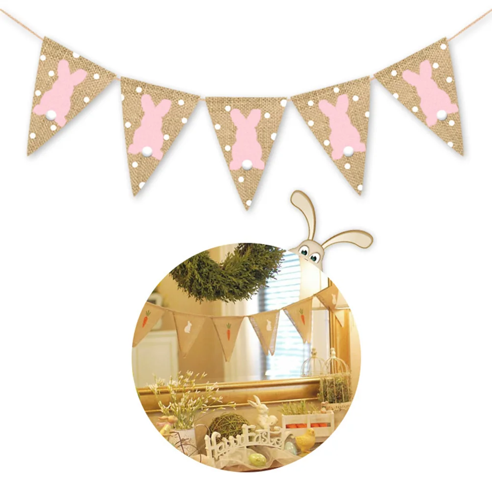 

1pc Easter Burlap Pennant Flags Banners Wave Point Rabbit Rustic 3 Meters Garland for Celebration Decor Photo Props Easter Party