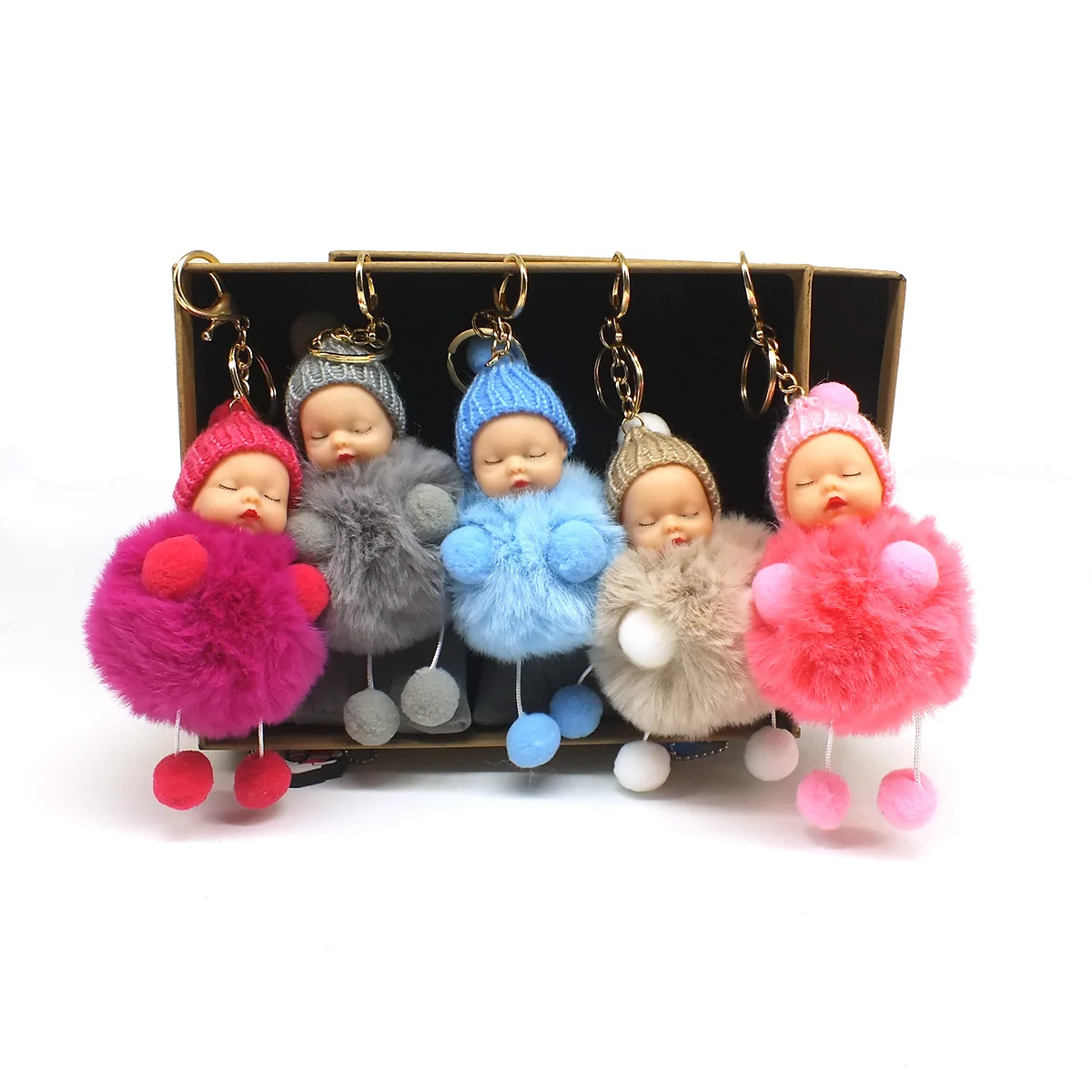 

2019 Sleeping Baby Doll Keychain Pompom Rabbit Fur Ball Key Chain Car Keyring Women Holder Bag Pendant Charm jewelry porte clef