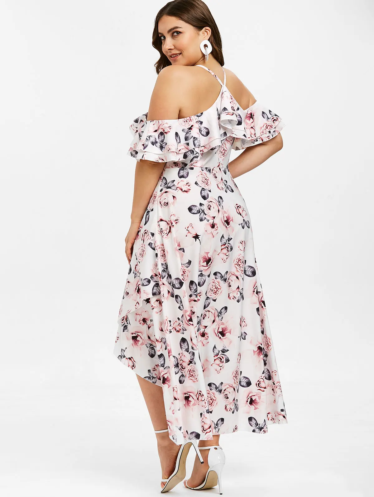 Rosegal/асимметричное платье с цветочным принтом и рюшами размера плюс, платье с короткими рукавами на тонких бретелях, платье с высокой талией для женщин Vestidos 5XL