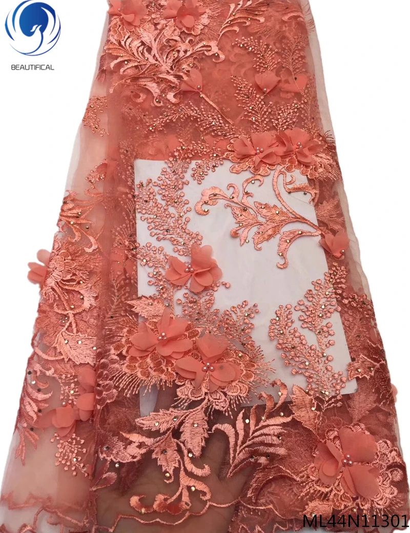

BEAUTIFICAL peach 3d lace fabric 2019 high quality lace with beads and rhinestones 5 yards/lot for evening parties ML44N113