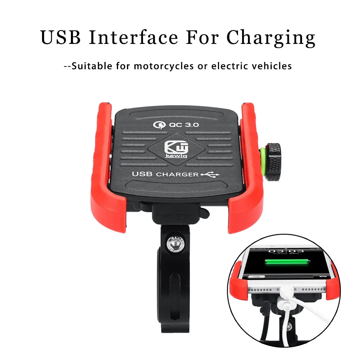 QC3.0 USB سريع شحن الألومنيوم دراجة نارية حامل هاتف مع شاحن يو اس بي 360 درجة تدوير دراجة نارية حامل مزوّد بمسند للهاتف المحمول
