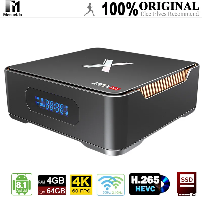 

A95X Max 4K 60fps TV Box (Android 8.1, Amlogic S905X2 CPU, Mali G31 MP2 GPU, 4G/64G, 2.4G/5G WiFi, 1000Mbps, BT4.2, Support SSD)