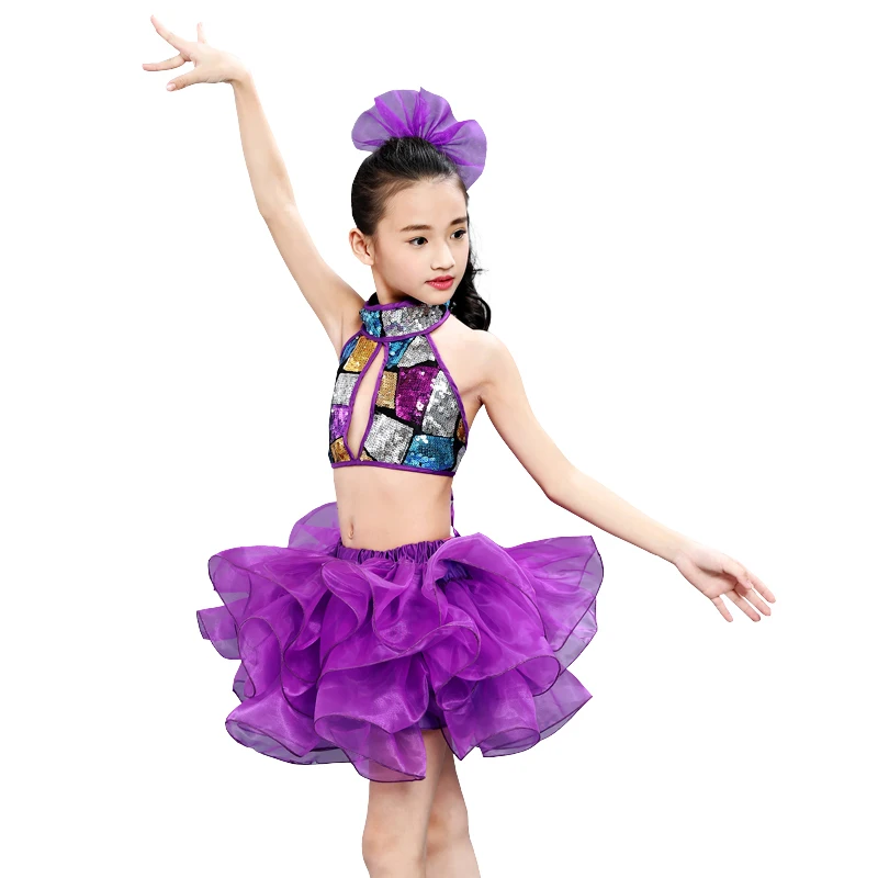 Новые детские фиолетовые юбочные танцевальные костюмы для девушки, дети, ребенок, соревнование с блестками, джазовая сценическая одежда