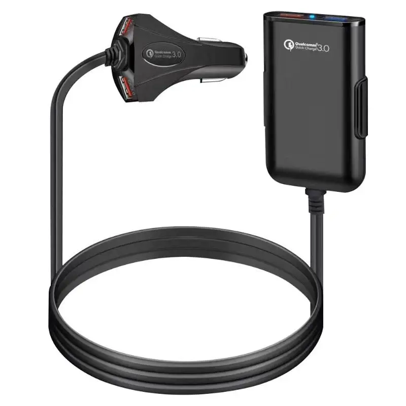 

Universal QC3.0 Car Charger 4 Ports USB with 1.6m/5.2ft 1.6m Extension Cord Cable+Clip for Back Seat Charge Auto Fast Charing