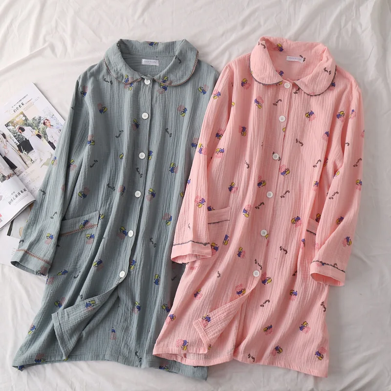 

Autumn Gauze Water Texture Crepe Long Sleeve Sleepwear Knee-Length Sleep Dress Turn-down Collar Plus Size Nightgowns Home Skirt