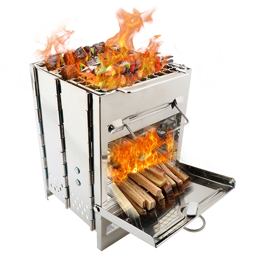 

Folding Stainless Steel Backpacking Wood Burning Stove Mini BBQ Grill with Carry Bag for Backpacking Hiking Camping Cooking