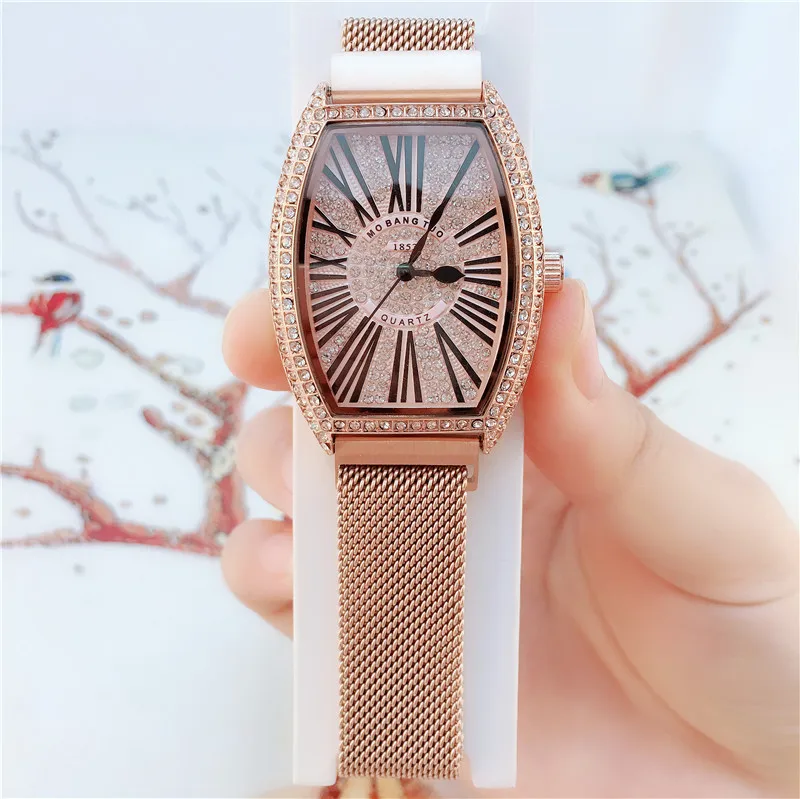 Прямая шикарные Роскошные лаконичные элегантные магнитная сетка часы с ремешком для женщин Бриллиантовая звезда модные римские женские часы кварцевые