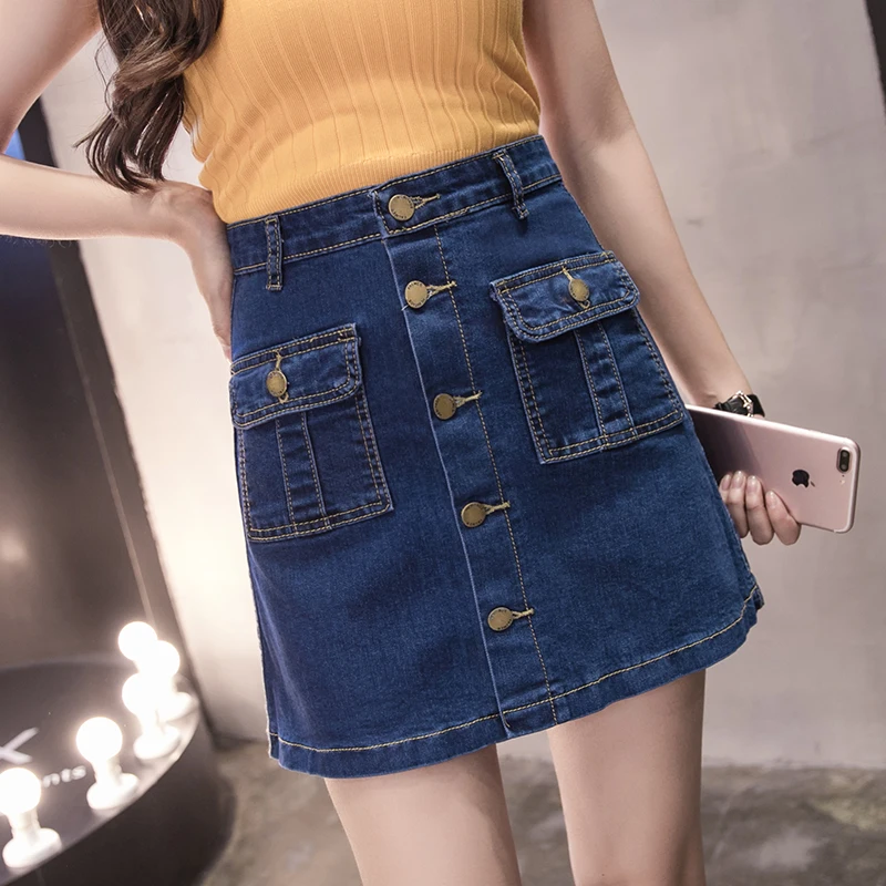 

Girls School High Waist A-line Skirts Button Front Single Breasted Women Mini Skirt Summer Pockets Jeans Skirt Denim Plus Size