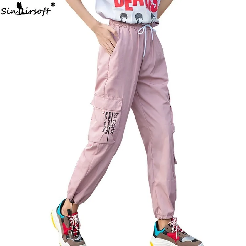 

Elastic High Waist Solid Cargo Pants Women Side Big Pockets Ankle-Length Pants Female Streetwear Casual Pencil Pants Summer New