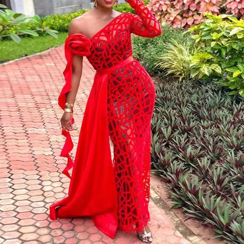 

Sexy Bodycon Party Dress Off Shoulder Elegant Evening Women Summer Fishnet Hollow See Through Long Tail Red Maxi Dresses Female