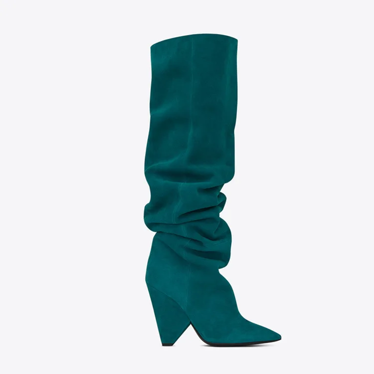 

Moraima snc 2019 autumn and winter new pleated pointed cone with brown green black large size high boots high heel leather boots