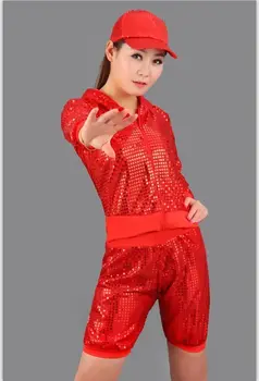 

New stage costumes dance clothes hip hop street dance DS jazz small sequins set hooded shirt shorts suit