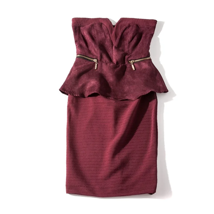 

women sexy strapless vintage wine red short slim fit dress