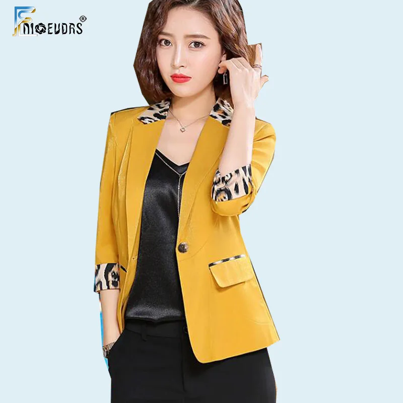 

Office Lady Business Suits Women Korean Style Design One Button Small Blazer Patchwork Leopard Blazer Yellow Black Pink White