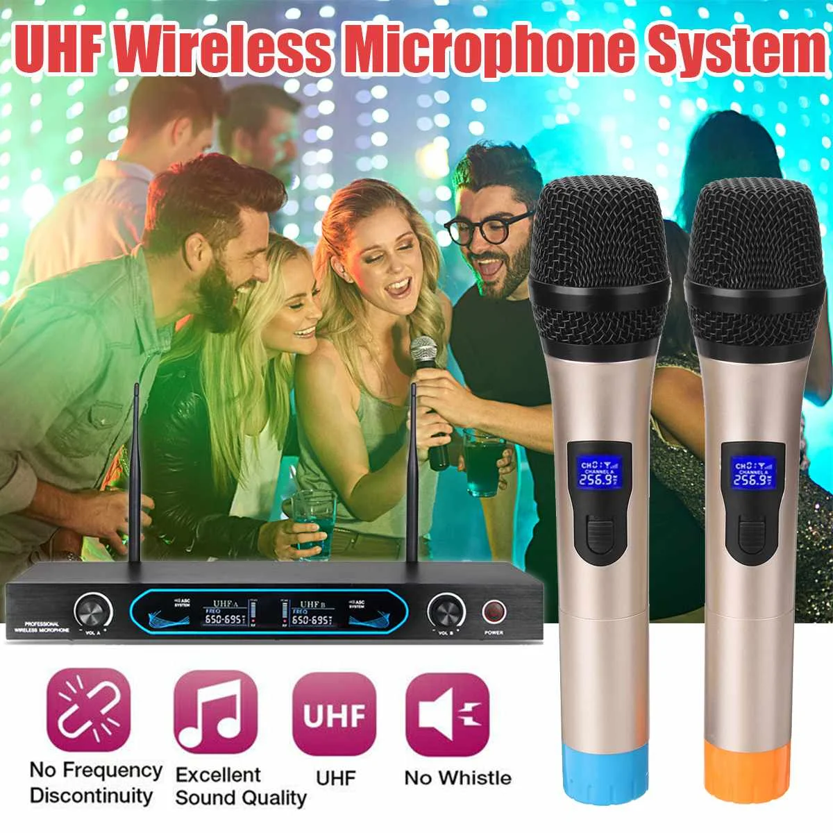 

690-850 MHz Dual Cordless Wireless Microphone Professional Microphones with 2 Handhelds Mic 2CH Receiver For Home Karaoke Party
