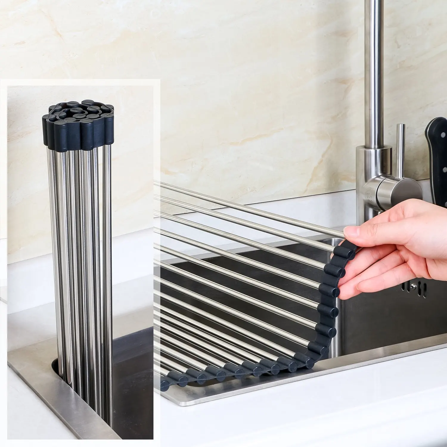 

50*33cm Dish Drainer Over Sink Roll-Up Drying Rack 304 Stainless Steel Multipurpose Countertop Draining Rack 19 Bars Foldable