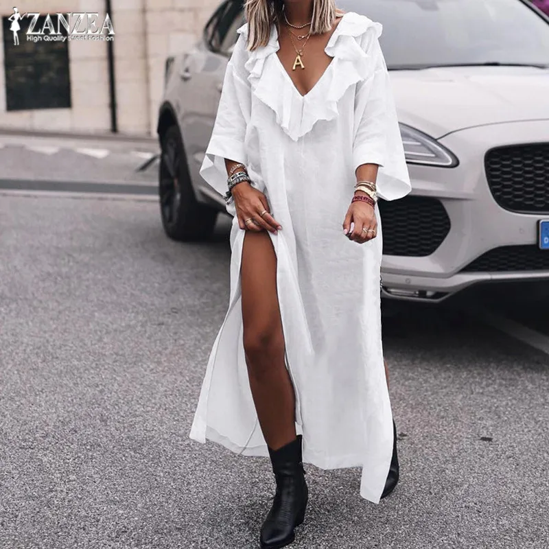 

Women's Sundress Fashion Ruffle Dress ZANZEA 2019 Sexy V Neck Mid Calf Vestidos Female 3/4 Sleeve Summer Beach Dress Split Robe