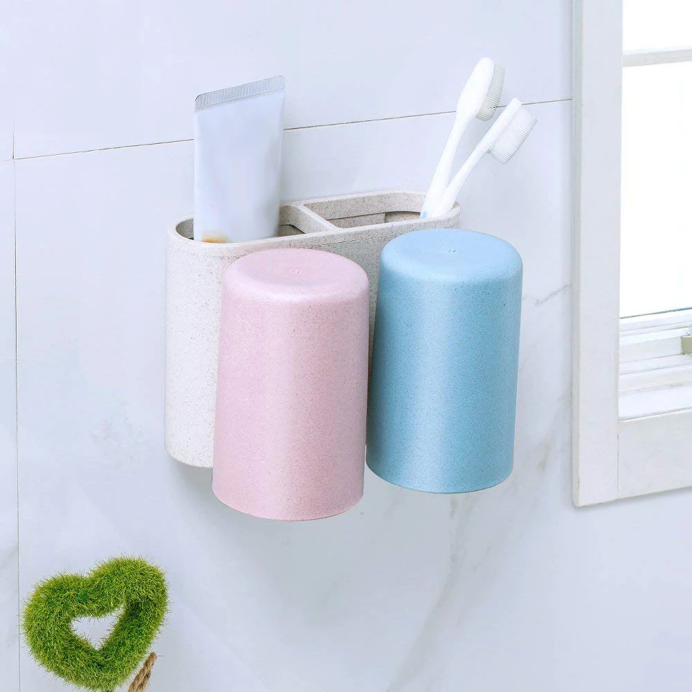 Auto Adesivo Tazza di Paglia di Grano Naturale Gancio con Spazzolino Da Denti Holder Fissato Al Muro Organizzatore per Tazza di Risciacquo e Dentifricio per Ba